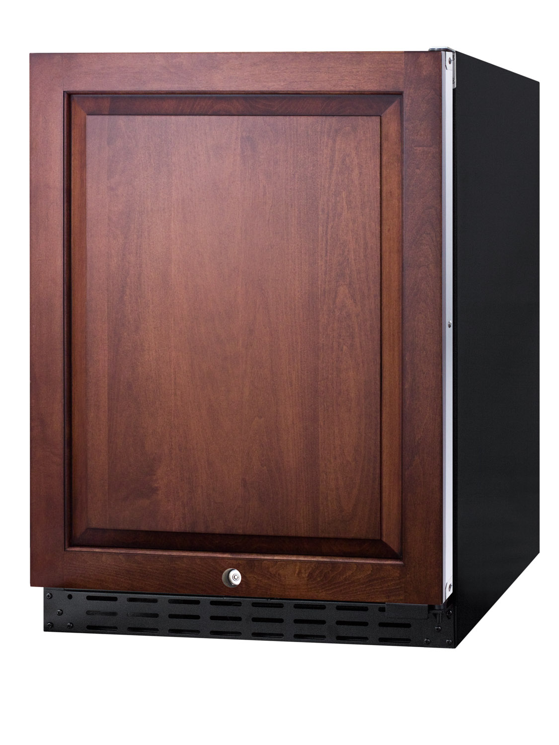 Built-in undercounter ADA compliant all-refrigerator with a panel ready door, black cabinet, door storage, lock, and digital controls